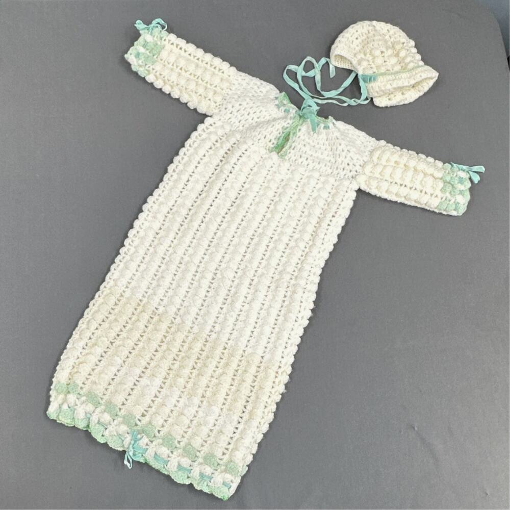 Vintage Baby Bunting Bonnet Set Hand Crocheted White Mint Green Cottage Prairie